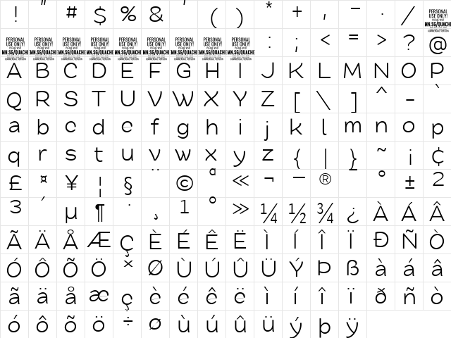 Quache PERSONAL Regular  glyph index
