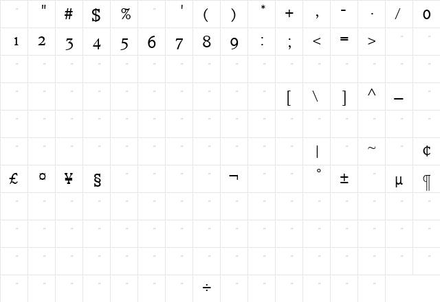 ClaremontLtOSTab Roman  glyph index