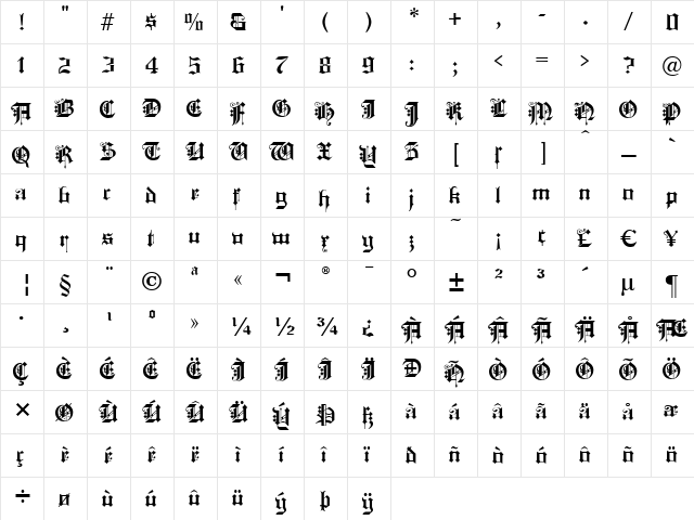 KingsCross Regular  glyph index
