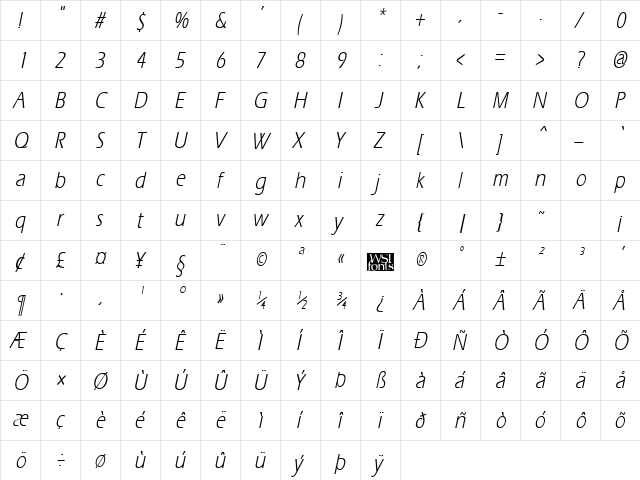 ErgoeCondensed Italic  glyph index