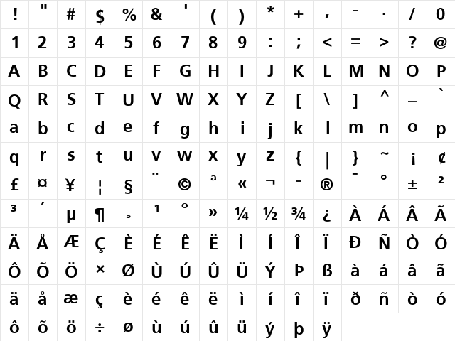 Frutiger 45 Light Bold  glyph index