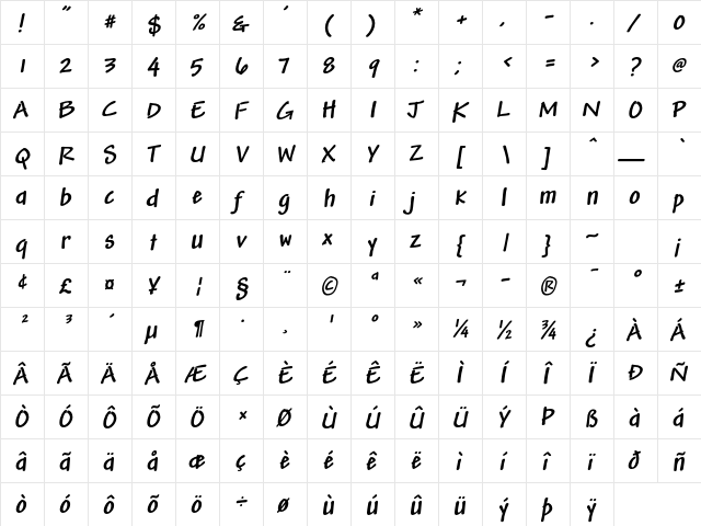 Andy Std Bold Italic  glyph index