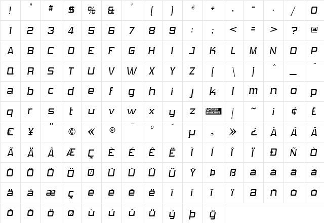 Vibrocentric Italic  glyph index