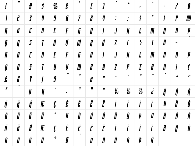 Night Traveler Italic Regular  glyph index