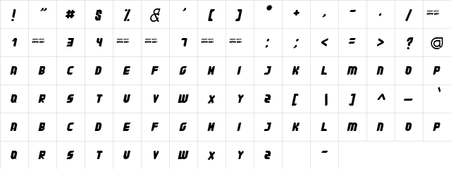 Super Dust Italic  glyph index
