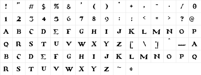 20th Century Woodcut Regular  glyph index