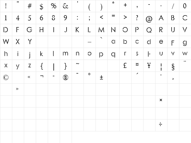 Lunatic Regular  glyph index