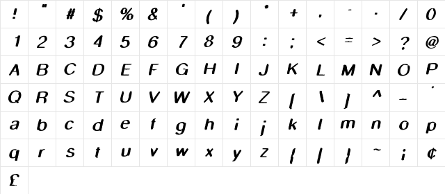 SmudgeStick Oblique  glyph index