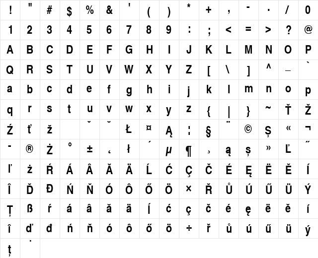 Helvetica Narrow CE Bold  glyph index