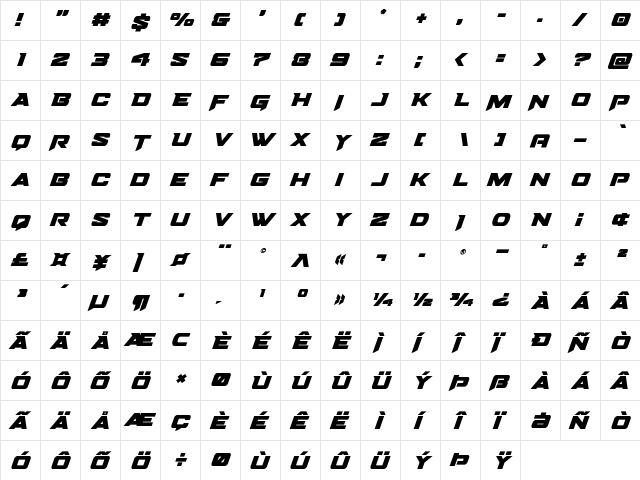 Bomber Escort Super-Italic Regular  glyph index