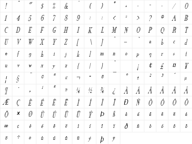 New England-Engraved-Condensed Italic  glyph index
