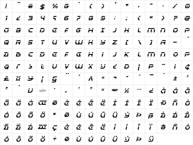 Universal Jack Laser Italic Italic  glyph index