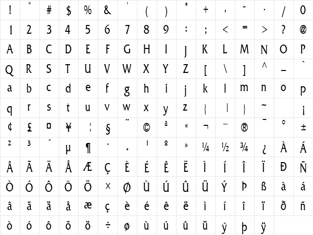 AllianceCondensed Regular  glyph index