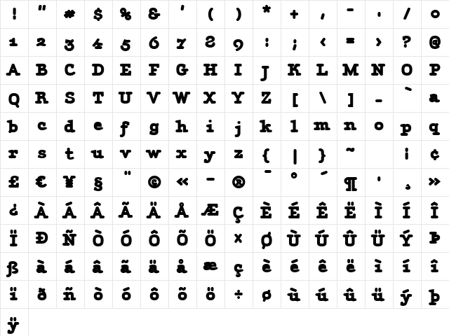 AmintaBlack Regular  glyph index