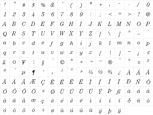 ITCCentury-Light LightItalic  glyph index