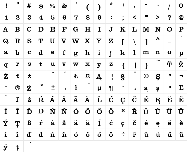 ClarendonTEEMed Regular  glyph index