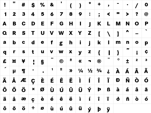 Corporate S Extra Bold  glyph index