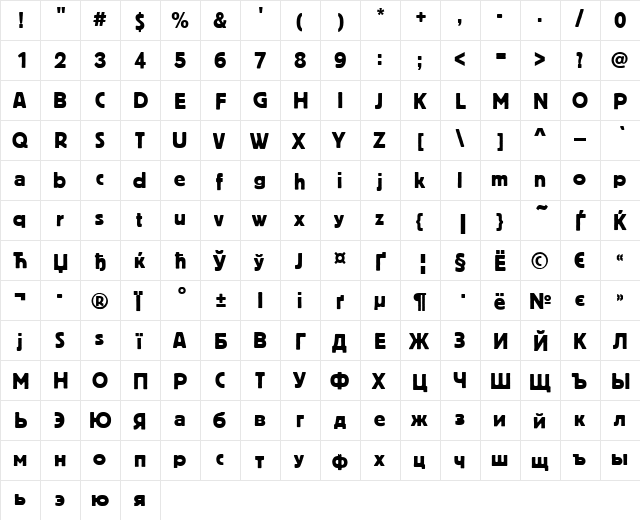 BlocC Regular  glyph index