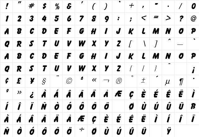 Balloon Extra Bold Regular  glyph index