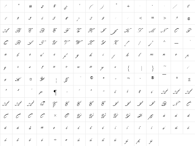 Palace Script MT Regular  glyph index