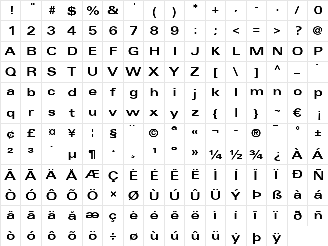 Univers LT 53 Extended Bold  glyph index
