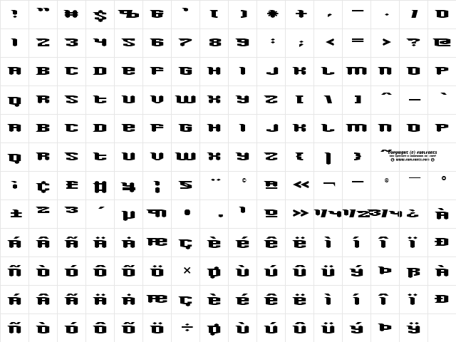 Knucklebuster Regular  glyph index