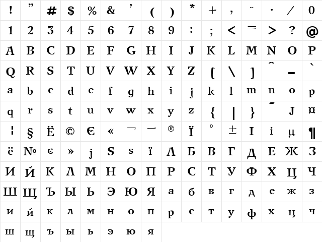 New Journal Bold  glyph index