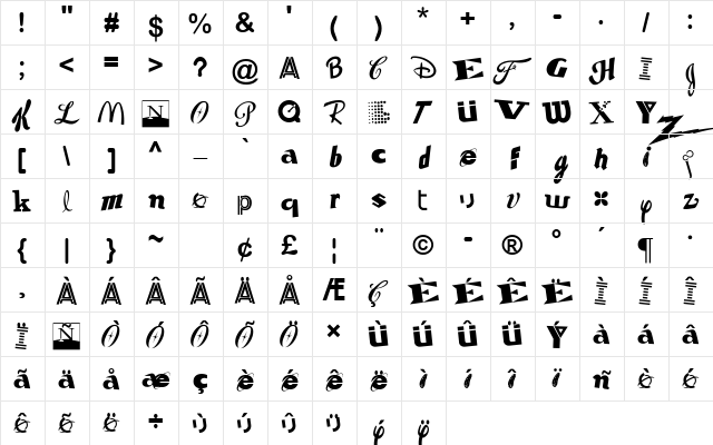 Kidnapped Brand X Regular  glyph index