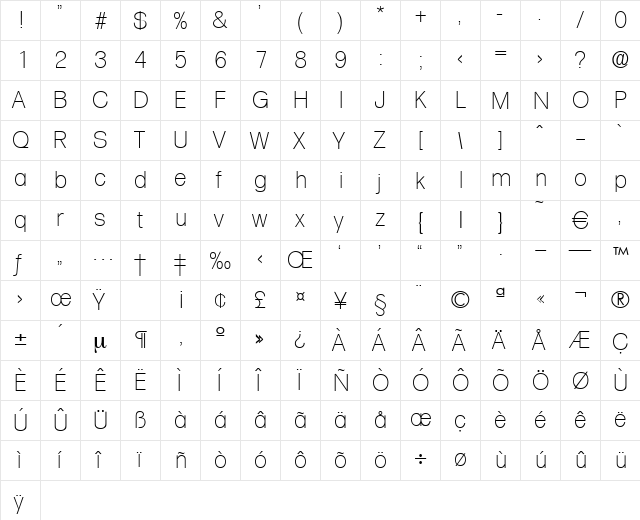 Formula-Xlight Regular  glyph index