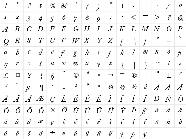 CaslonBEOldstyleFigures-Book BookItalic  glyph index