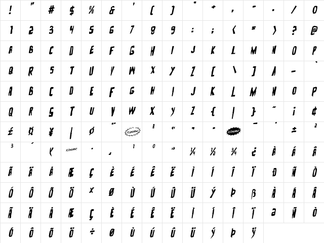 Zakenstein Rotalic Italic  glyph index