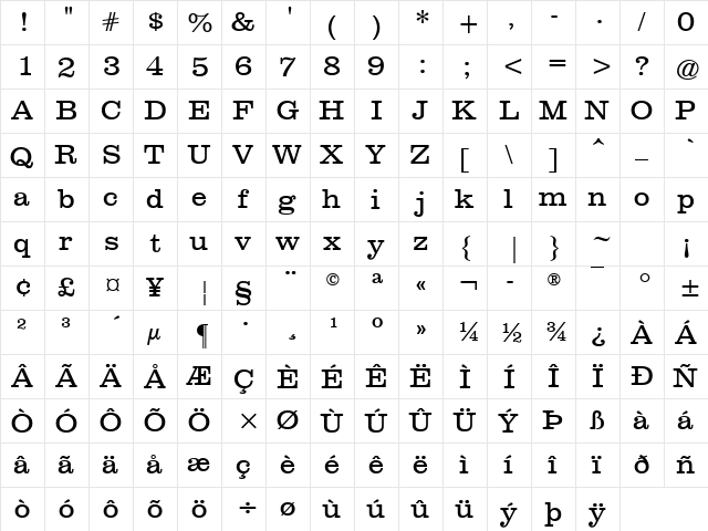 Clarendon Book  glyph index