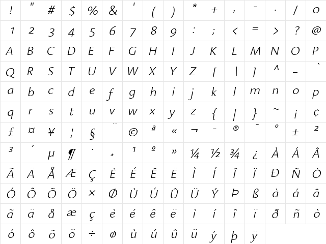 LinotypeAroma Light Light Italic  glyph index