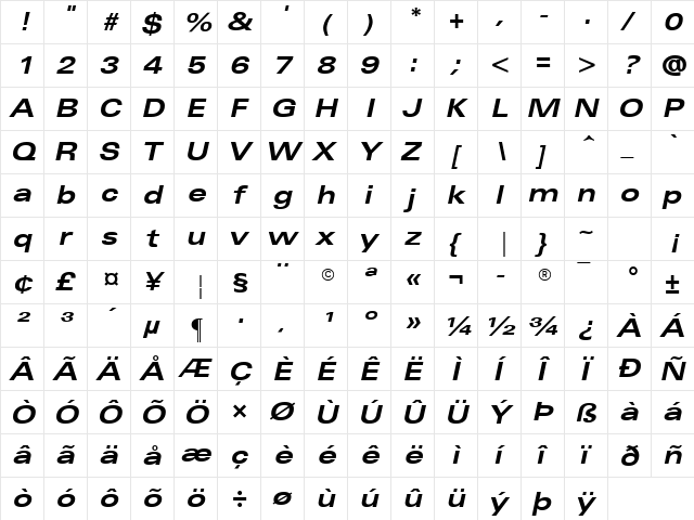 Univers Extended Bold Italic  glyph index