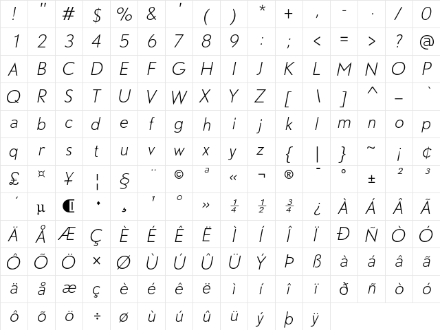 DTLNobelT Light-Italic  glyph index