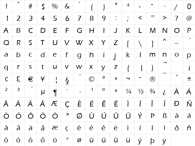Ennis-Medium Regular  glyph index