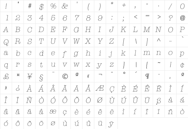 Itypewriter Xlight  glyph index