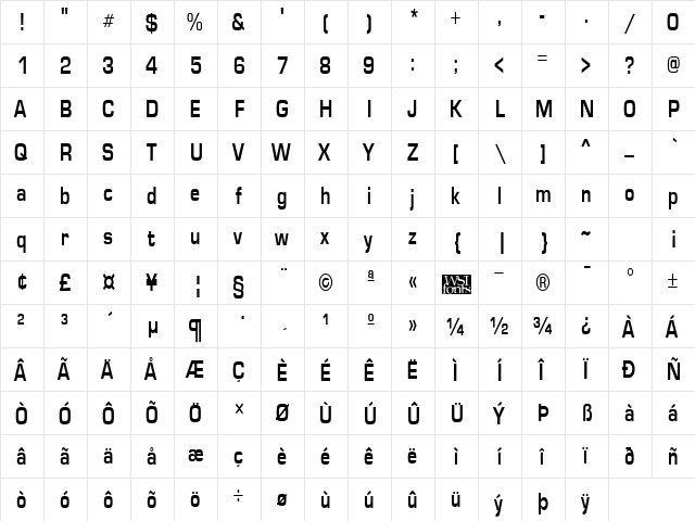 EuroseCond Regular  glyph index