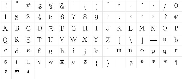 Cordella Roman  glyph index