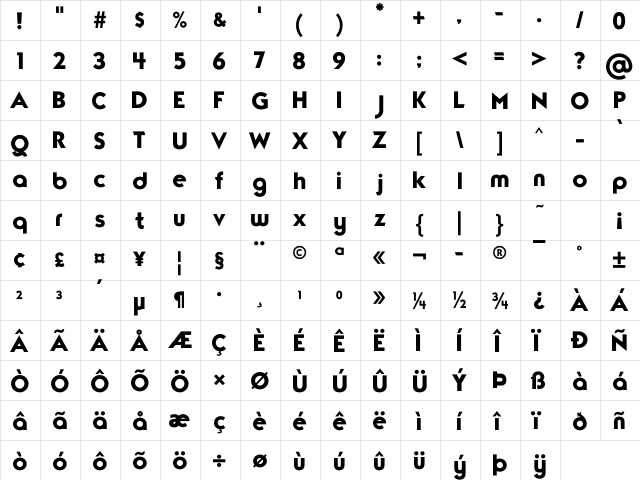 TypoGraphica Regular  glyph index