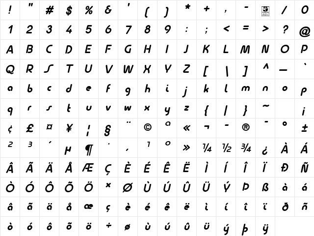 Quesat Demo Bold Italic  glyph index