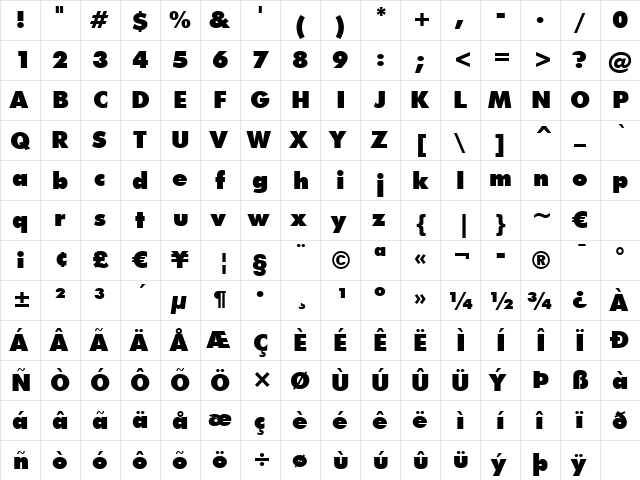 Futura XBlk BT Extra Black  glyph index