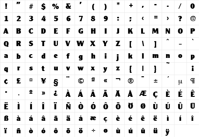 Cleargothic-Serial-Heavy DB Regular  glyph index