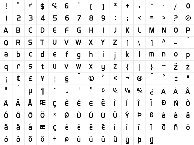 SF Fourche Condensed Regular  glyph index