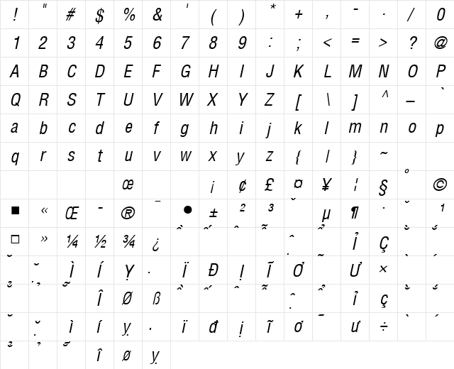 VNI Helve Condense Italic  glyph index