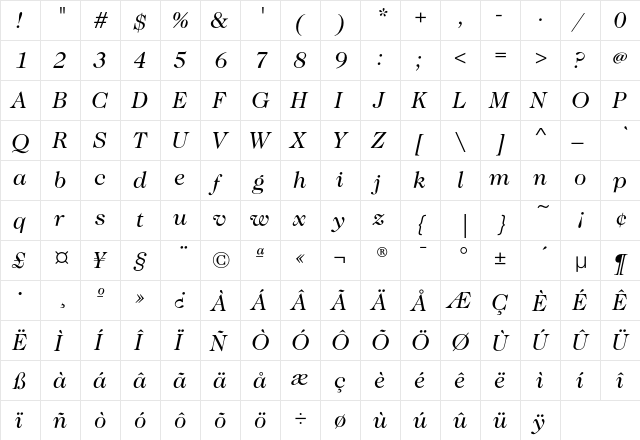 CaslonNo224EF-BookItalic Regular  glyph index