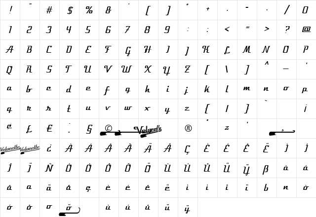 Velocette Regular  glyph index