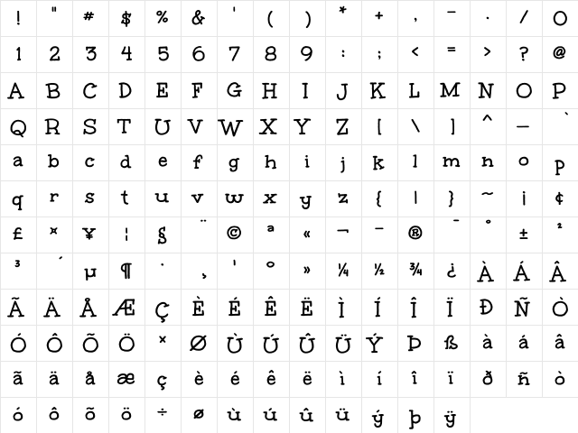 Unkempt Bold  glyph index