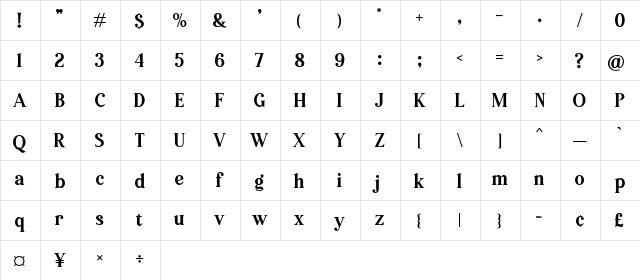 Pioggia Regular  glyph index