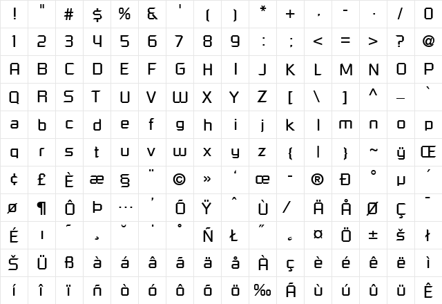 RussellSquare Regular  glyph index